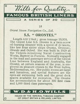 1934 Wills’s Famous British Liners (1st Series) #18 S.S. Orontes Back