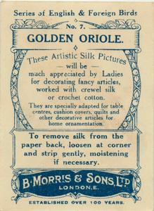 1915 B. Morris & Sons English and Foreign Birds - Silks #7 Golden Oriole Back