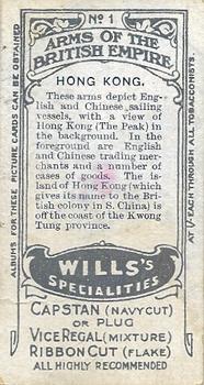 1910 Wills's Specialties Arms of the British Empire #1 Hong Kong Back