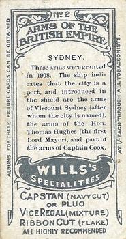1910 Wills's Specialties Arms of the British Empire #2 Sydney Back
