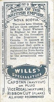 1910 Wills's Specialties Arms of the British Empire #9 Nova Scotia Back