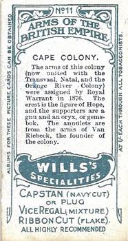 1910 Wills's Specialties Arms of the British Empire #11 Cape Colony Back