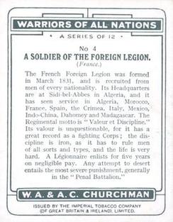 1929 Churchman's Warriors of All Nations (Large) #4 A Soldier of the French Foreign Legion Back