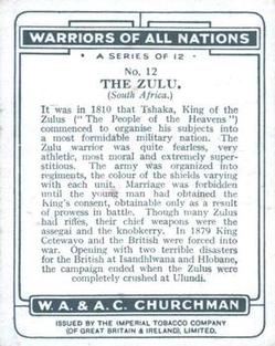 1929 Churchman's Warriors of All Nations (Large) #12 The Zulu Back