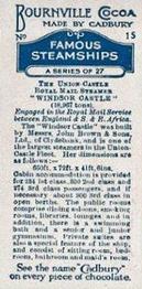 1923 Cadbury Bournville Cocoa Famous Steamships #15 Windsor Castle Back