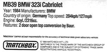 1985 Matchbox Models #MB39 BMW 323i Cabriolet Back