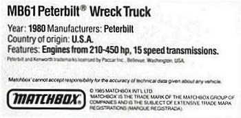 1985 Matchbox Models #MB61 Wreck Truck Back