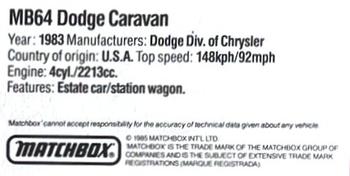 1985 Matchbox Models #MB64 Dodge Caravan Back