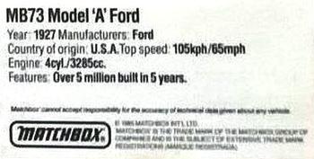1985 Matchbox Models #MB73 Model A Ford Back