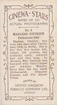 1934 UK Tobacco Cinema Stars (Set 7) #2 Marlene Dietrich Back