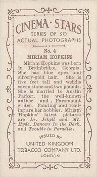 1934 UK Tobacco Cinema Stars (Set 7) #4 Miriam Hopkins Back