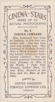 1934 UK Tobacco Cinema Stars (Set 7) #5 Carole Lombard Back