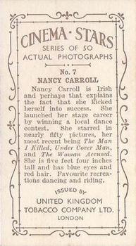 1934 UK Tobacco Cinema Stars (Set 7) #7 Nancy Carroll Back