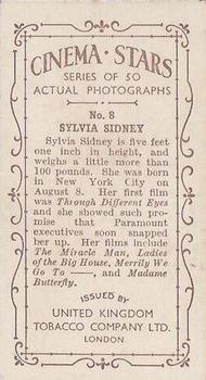 1934 UK Tobacco Cinema Stars (Set 7) #8 Sylvia Sidney Back