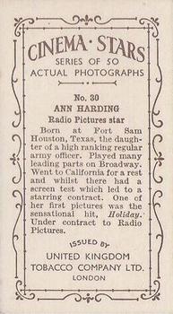 1934 UK Tobacco Cinema Stars (Set 7) #30 Ann Harding Back