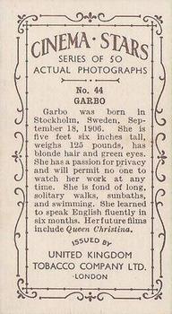 1934 UK Tobacco Cinema Stars (Set 7) #44 Greta Garbo Back