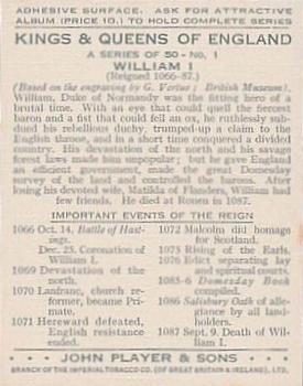 1935 Player's Kings & Queens of England (Large) #1 William I Back