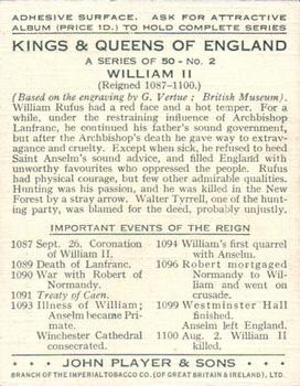 1935 Player's Kings & Queens of England (Large) #2 William II Back