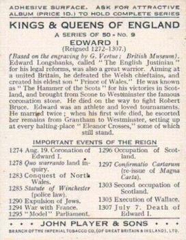 1935 Player's Kings & Queens of England (Large) #9 Edward I Back