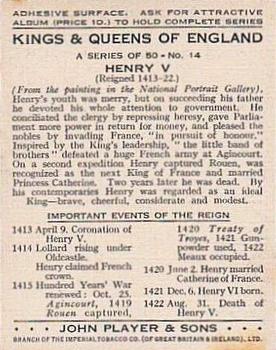 1935 Player's Kings & Queens of England (Large) #14 Henry V Back