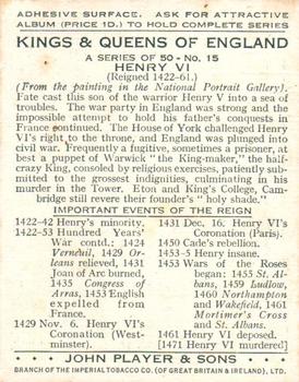 1935 Player's Kings & Queens of England (Large) #15 Henry VI Back