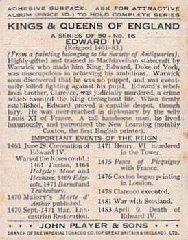 1935 Player's Kings & Queens of England (Large) #16 Edward IV Back