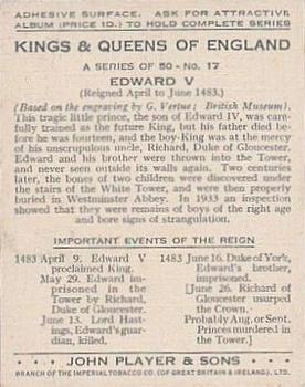 1935 Player's Kings & Queens of England (Large) #17 Edward V Back