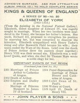 1935 Player's Kings & Queens of England (Large) #20 Elizabeth of York Back