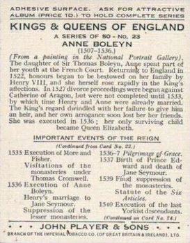 1935 Player's Kings & Queens of England (Large) #23 Anne Boleyn Back