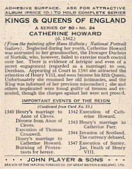 1935 Player's Kings & Queens of England (Large) #24 Catherine Howard Back