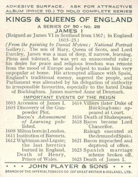 1935 Player's Kings & Queens of England (Large) #28 James I Back
