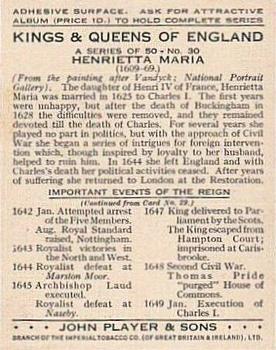 1935 Player's Kings & Queens of England (Large) #30 Henrietta Maria Back
