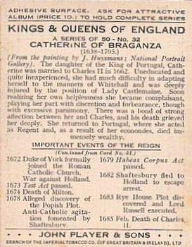 1935 Player's Kings & Queens of England (Large) #32 Catherine of Braganza Back