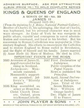 1935 Player's Kings & Queens of England (Large) #33 James II Back