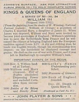 1935 Player's Kings & Queens of England (Large) #34 William III Back
