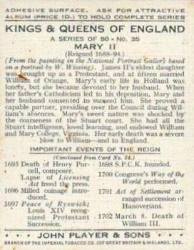 1935 Player's Kings & Queens of England (Large) #35 Mary II Back