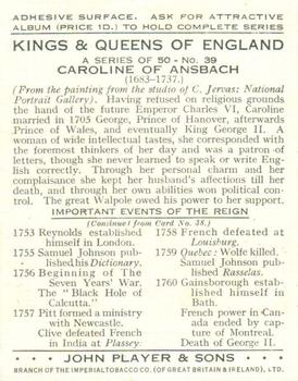 1935 Player's Kings & Queens of England (Large) #39 Caroline of Ansbach Back