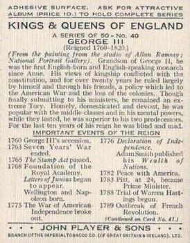 1935 Player's Kings & Queens of England (Large) #40 George III Back