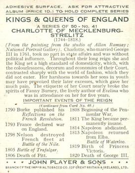 1935 Player's Kings & Queens of England (Large) #41 Charlotte of Mecklenburg-Strelitz Back