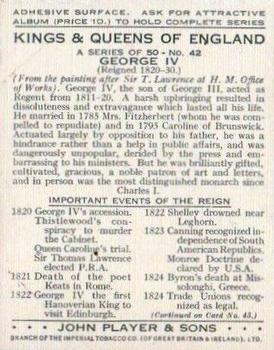 1935 Player's Kings & Queens of England (Large) #42 George IV Back