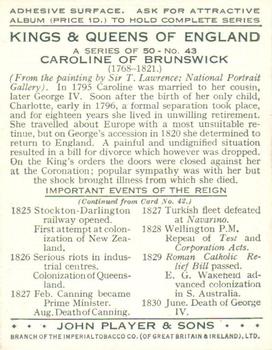 1935 Player's Kings & Queens of England (Large) #43 Caroline of Brunswick Back