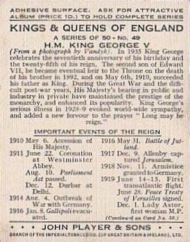 1935 Player's Kings & Queens of England (Large) #49 H.M. King George V Back