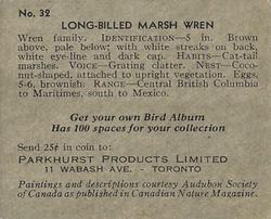 1952 Parkhurst Audubon Society Birds (V339-2) #32 Long-billed Marsh Wren Back