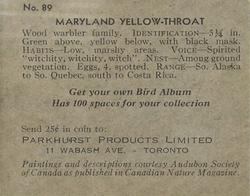 1952 Parkhurst Audubon Society Birds (V339-2) #89 Maryland Yellow-throat Back