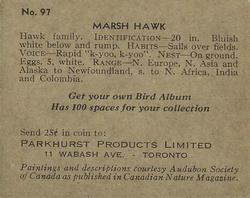 1952 Parkhurst Audubon Society Birds (V339-2) #97 Marsh Hawk Back