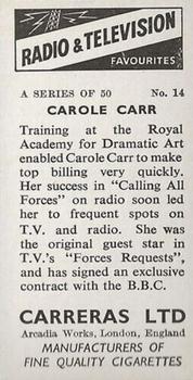 1955 Carrerras Radio & Television Favourites (Unissued) #14 Carole Carr Back