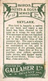 1919 Gallaher Birds Nests & Eggs Series #12 Skylark Back