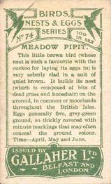 1919 Gallaher Birds Nests & Eggs Series #74 Meadow Pipit Back