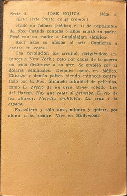 1932 Artistas De Cine Sonoro #1 Jose Mojica Back