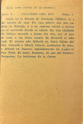 1932 Artistas De Cine Sonoro #7 Dolores Del Rio Back